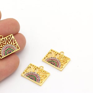 Geometric Rainbow 24 k Shiny Gold Plated CZ Micro Pave Rainbow Pendant , Cubic Zirconia Rainbow Necklace Charms (18x20mm) -ZRK-456