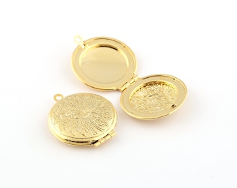 27x32mm 24k Shiny Gold Plated Round Locket Charms, Vintage Brass Locket, Necklace picture locket, Cabochon Setting, Personalized, GLD-796