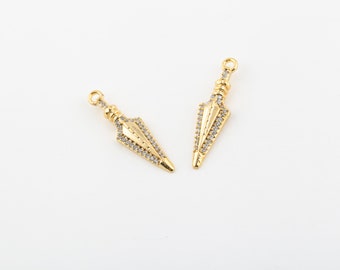 8x30mm 24K Shiny Gold Plated CZ Arrow Charms, Cubic Zirconia Arrow Charms, Arrow Bracelet Charms, Arrow Pendant, ZRK-910