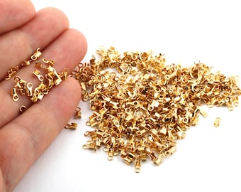 50 Pcs 24K Inner 1mm Gold Plated Cord End , Brass end cap , Crimps ,Cord Tip-GLD-106