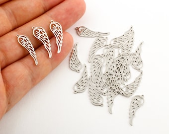 7x22mm Silver Plated Angel Wing Charm, Pendant, Silver Angel Wing Charm, Feather Charm, gold Angel Wing Pendant, SLVR-37