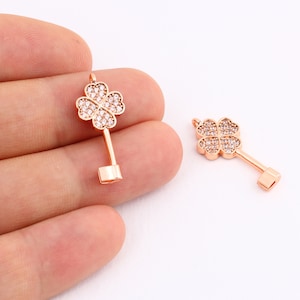 1 Pcs Rose Gold Plated Key Pendant , Zircon Charms , Cz Jewelry , Key Zircon Charms , Zircon Pendant 11x25mm , ZRK-82