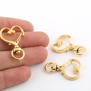 1 Pcs 24x35mm 24k Shiny Gold Plated Key Chain Rings, Heart Shaped, Attached Chain ,Split Key Chain Rings, Heart Key Lobster Claps, GLD-1209