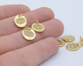 24k Shiny Gold Evil Eye Pendant, Evil Eye Necklace, Cz Charms, Evil Eye Charm, Evil Eye Medallion, Gold Plated Findings ( 11mm)  ZRK-224