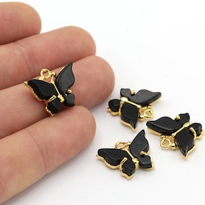 1 Pcs 16x19mm 24k Shine Gold Plated Butterfly, Black Color Butterfly, Gold Butterfly, Butterfly Charms, Bracelet Connector, GLD-628