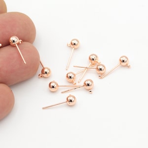 Rose Gold Plated Ball Earrings, 10 Pcs ( 5 Pair ) Ball Earring Studs, Rose Gold Plated Push Back Studs , ( 5mm ) EAR-262
