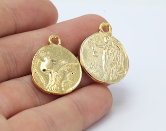 24k Shine Gold Plated Greek Coins , Antique Greek Coins , Medallion ,Gold Plated Charms , Charms Pendant ,Necklace , 23x29mm- GLD-361