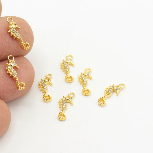 24k Gold Plated Seahorse Charms, Cubic Zirconia Seahorse Jewelry, CZ Seahorse Necklace, Seahorse Earring Charms, 6x16mm,ZRK-490