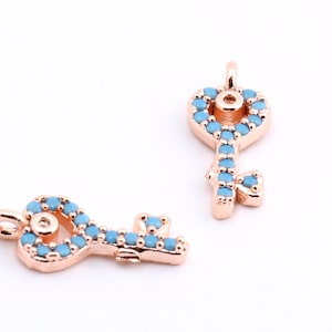 1 Pcs Micro Pave Key Pendant , Rose Gold Plated Charms ,Cz Key Pendant,Cubic Zirconia Keys,Rose Gold Plated Key, Nano Stone, 5x13mm, ZRK-112