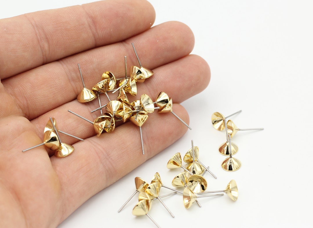 8mm gold plated metal flat pad earring posts, 24 pcs. (12 pair