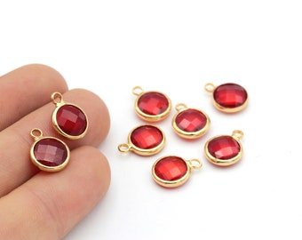 1 Pcs 10x14mm Shiny Gold Plated Crystal Round Connector, Red Stone ,Circle Bracelet Charms, Gemstone Connector , Bracelet Connectors, STN-48