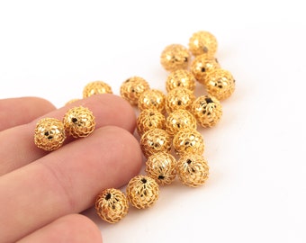 2 Pcs 24k Shiny Gold Plated  Wire Wrap Spacer Beads, Geometric Bohemian Round, Wire Wrapped Beads ,Jewelry Making Supplies  (13mm)-GLD-1433