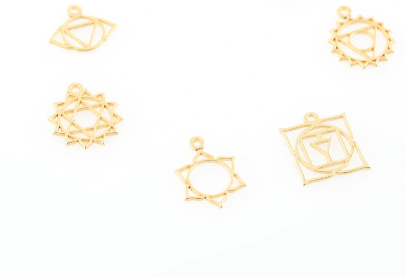 7 Chakra Charm Set Symbol, Gold Plated Yoga Pendant, Energy Wheel Charm Set Rustic Chakra Jewelry Supplies, ( 14x16mm ) GLD-1488 image 6