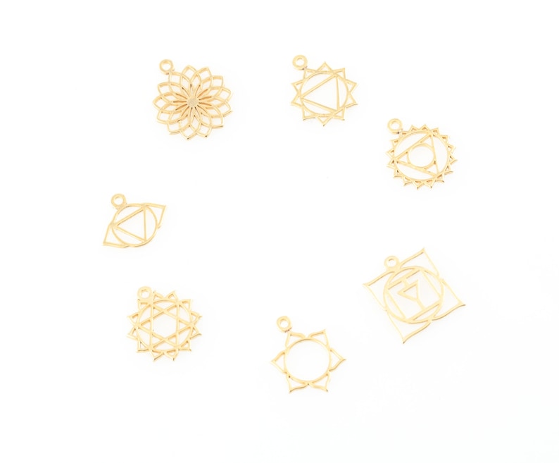 7 Chakra Charm Set Symbol, Gold Plated Yoga Pendant, Energy Wheel Charm Set Rustic Chakra Jewelry Supplies, ( 14x16mm ) GLD-1488 image 7