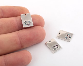 Rhodium Plated Tiny Heart Charm with Zircon Stones - Jewelry Making Supplies for Crafting Necklaces and Bracelets, 10x15mm ZRK-919