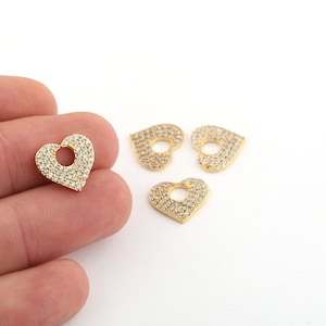 1 Pcs 13x15mm 24k Shiny Gold Plated Heart Charms, Zirconia Heart Necklace, Stone Heart Jewelry, Cz Micro Pave Heart Charms ,ZRK-654