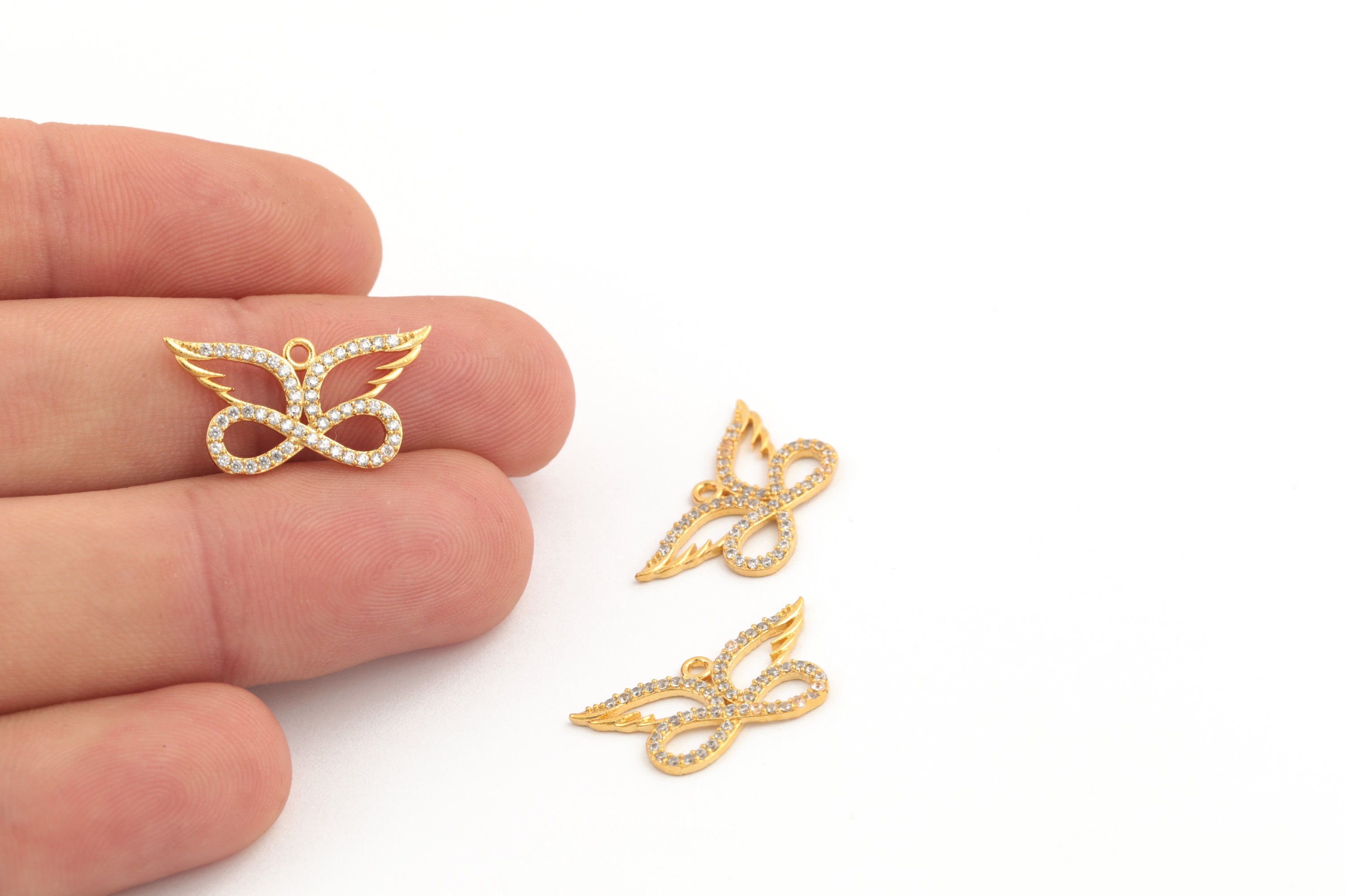 12x23mm 24k Shiny Gold Plated CZ Wing Charms, CZ İnfinity, Gift For Her,Cubic Zirconia Wings, Gold Plated Medallion,Lucky Charms, ZRK-853