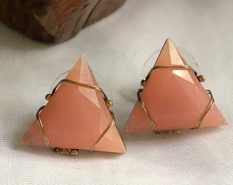 Vintage Gold Tone Wire Wrapped  Pink Quartz Post Earrings