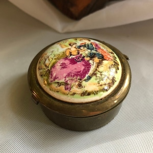 Boîte à pilules vintage en porcelaine/laiton peinte à la main - Fabriqué au Japon