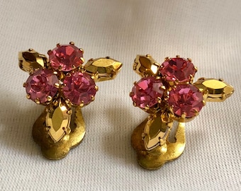 Vintage Pink and Gold Rhinestone Clip on Earrings