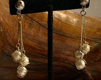 Vintage Gold Tone Multi Chain Drop and Dangle Caged Faux Pearl Earrings