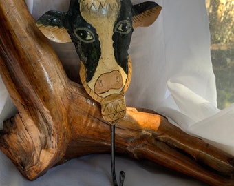 Vintage Hand Painted Metal Cow Head Wall Hook