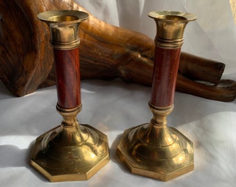 Vintage Brass and Wood Candlestick Holders - Set of 2