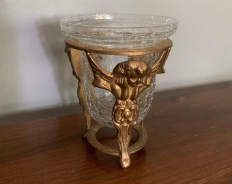 Vintage Brass Cherub/Angel Tripod Candle Holder with Crackle Glass Insert