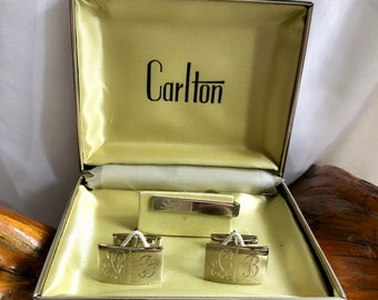 Vintage Silver Plated Carlton Tie Bar and Cuff Links