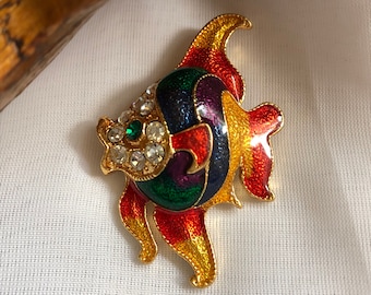 Broche (épingle) Bijou Deux Poissons En émail Sur Fond Doré - Modèle YF-88 - Occasion
