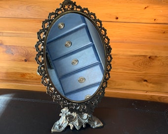 Vintage Brass Tone Ornate Cast Metal Pedestal/Swivel Dresser/Table Top Vanity Mirror