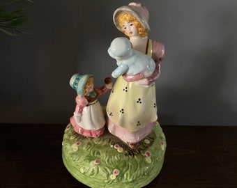 Vintage Porcelain Schmid Mother and Children Figurine Music Box - Japan