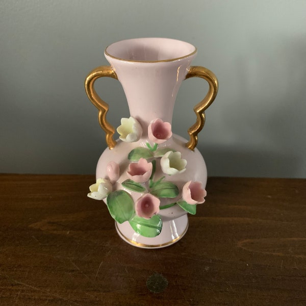 Vintage Miniature 3D Floral Pink Ceramic Urn/Bud Vase with Gold Handles - Japan