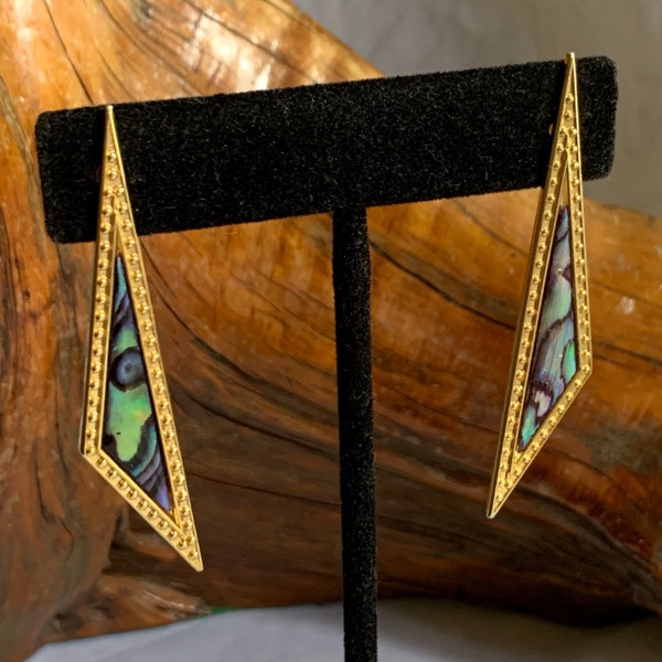 Vintage Gold Tone Abalone Triangular Shaped Post/Stud Earrings - Signed Duri