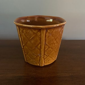 Vintage Brown Glaze Bamboo Pattern Pottery Plant Pot - Churchill England