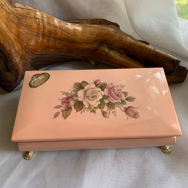 Vintage Hand Carved Genuine Alabaster Footed Trinket/Jewelry Box - Floral Motif - Made in Italy