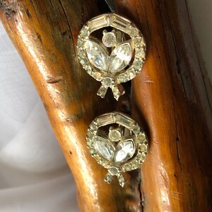 Vintage Silver Tone  Circular Clear Glass Rhinestone Floral Clip on Earrings
