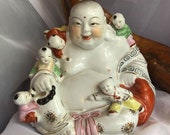 Vintage Big Chinese Hand Painted Porcelain Laughing Bhudda Figurine Statue