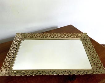 Vintage Rectangular Metal Filigree Mirrored Vanity Tray