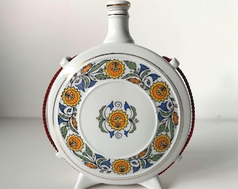 Vintage Hollohaza Hungary Porcelain Floral Moon Flask/Canteen Decanter
