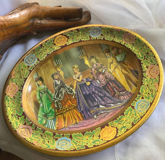 Vintage Daher Decorated Ware Oval Tray With Victorian Ladies