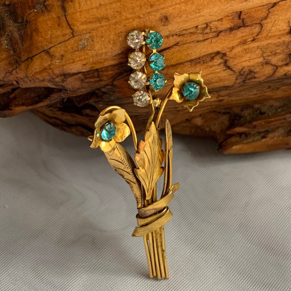 Vintage Art Deco Gold Plated Aqua and Clear Rhine… - image 1