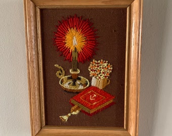 Vintage Wood Framed Religious/Christian Handcrafted Crewel Embroidery Wall Decor