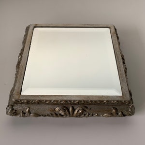 Vintage Small Ornate Silver Tone Square Raised/Relief Resin Bevelled Wall Mirror image 3