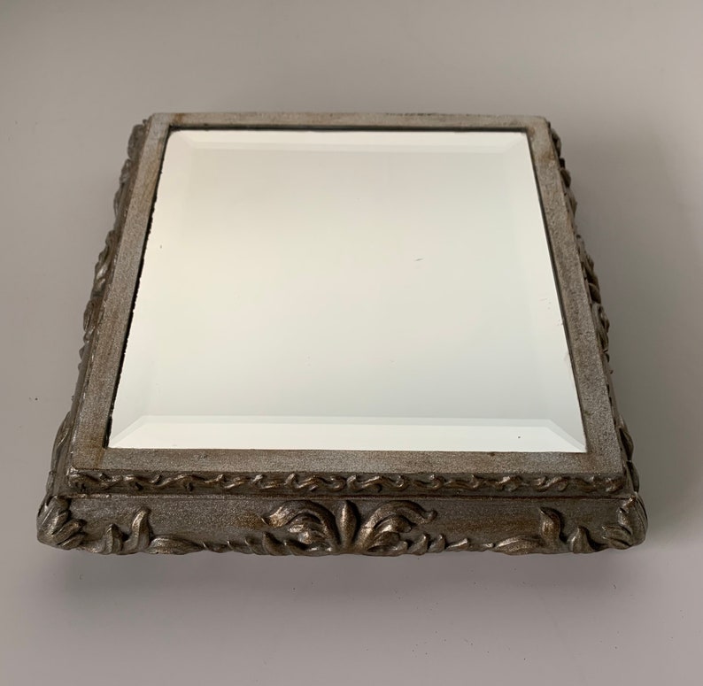 Vintage Small Ornate Silver Tone Square Raised/Relief Resin Bevelled Wall Mirror image 3