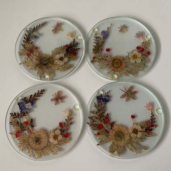 Vintage Round Glass Pressed/Dried Flower Coaster Set of 4