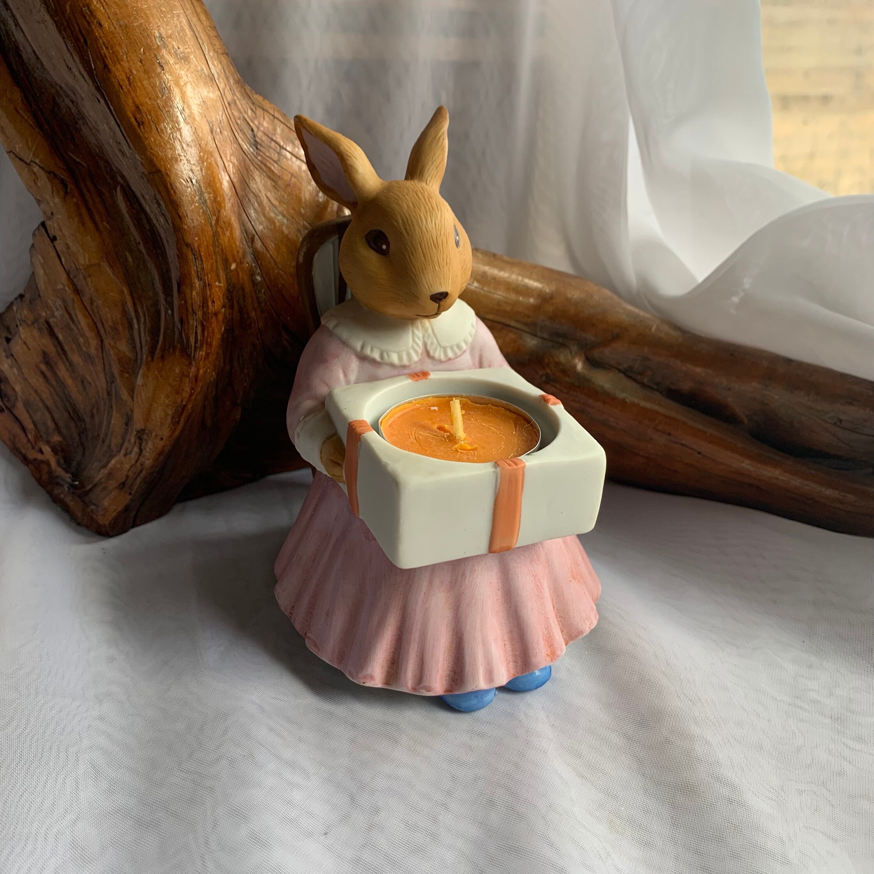 Vintage Bisque Porcelain Girl Bunny Rabbit Tea Light Candle Holder