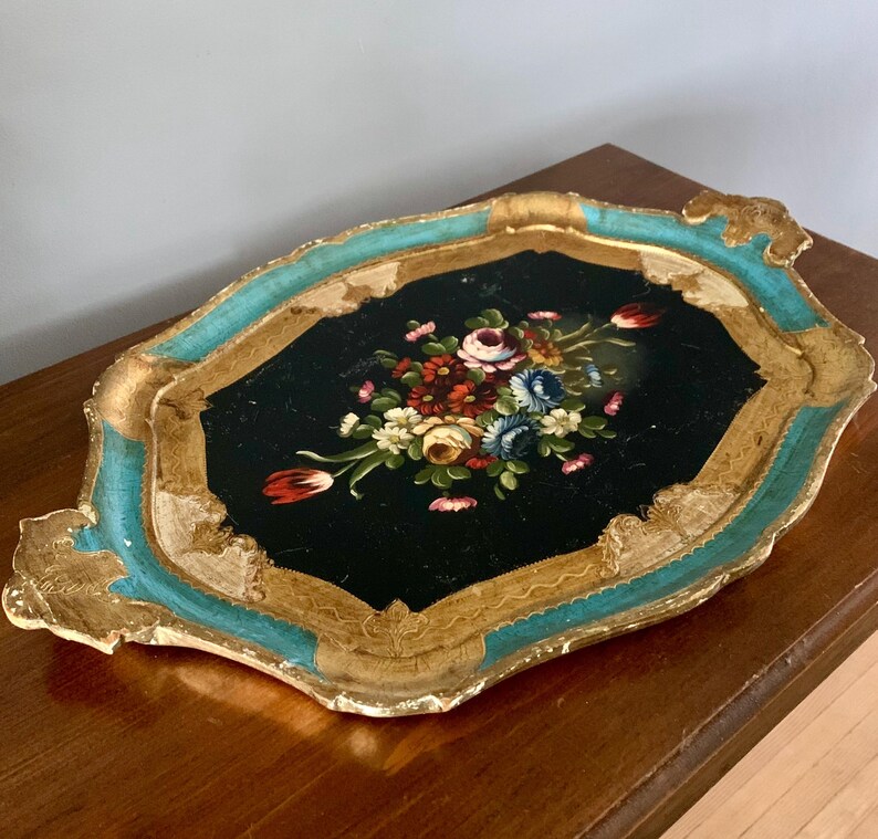 Vintage Italian Florentine Gold Hand Painted Floral Tray - Etsy