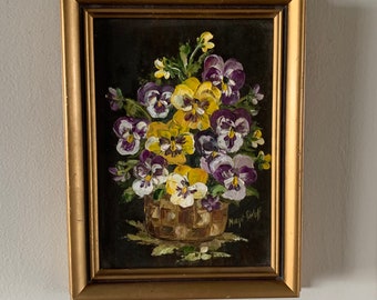 Vintage Wood Framed Floral/Pansies Oil Painting on Board/Art by Margit Sieloff