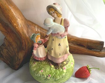 Vintage Porcelain Schmid Mother and Children Figurine Music Box - Japan